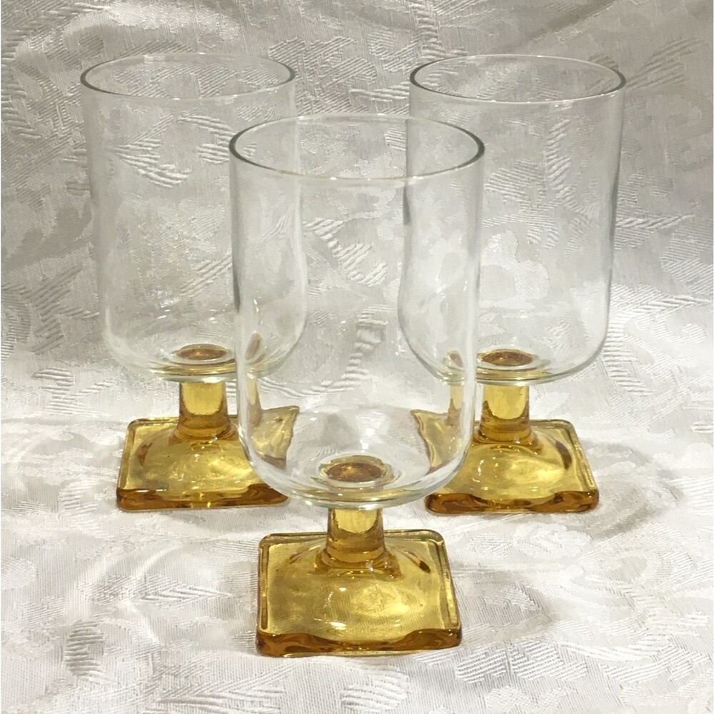 Vintage Juice Glasses Yellow Stem Nordic Topaz Square Pedestal Footed Set 3